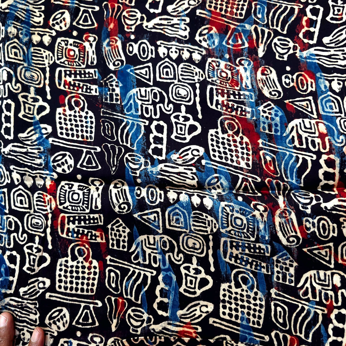 Elegant Handblock Ajrakh Print on Pure Modal Fabric – Random Motifs on Black Base