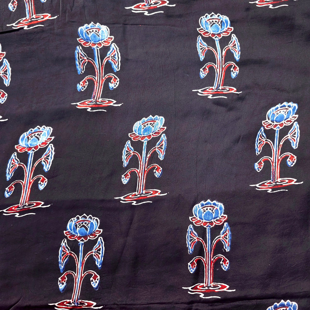 Elegant Handblock Ajrakh Print on Pure Modal Fabric – Floral Motifs on Black Base