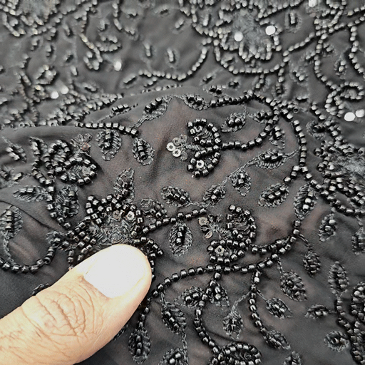 Embroidered Black Georgette Fabric with Cutdana Floral Work
