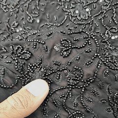 Embroidered Black Georgette Fabric with Cutdana Floral Work