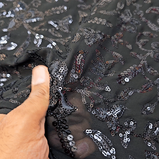 Embroidered Black Georgette Fabric with Triangular Floral Threadwork and Sequins Work
