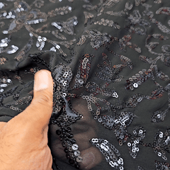 Embroidered Black Georgette Fabric with Triangular Floral Threadwork and Sequins Work