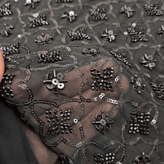 Embroidered Black Georgette Fabric with Checkered Floral Cutdana Work and Sequins Work