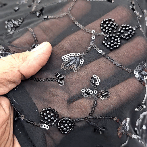 Embroidered Black Georgette Fabric with Small Round Floral Cutdana Work and Sequins Work