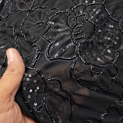 Embroidered Black Georgette Fabric with Floral Cutdana Work and Sequins Work 512