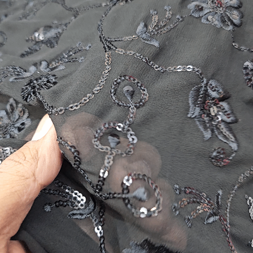 Embroidered Black Georgette Fabric with Checkered Floral Threadwork and Sequins Work