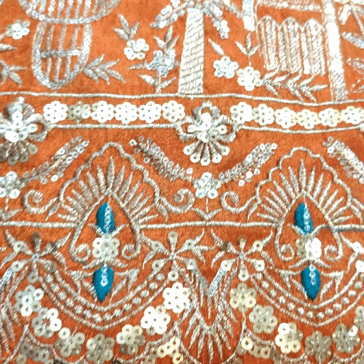 Embroidered Dual Tone Orange Shimmer Tissue with Peacock Motifs