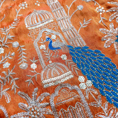 Embroidered Dual Tone Orange Shimmer Tissue with Peacock Motifs