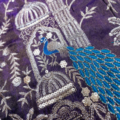 Embroidered Dual Tone Purple Shimmer Tissue with Peacock Motifs