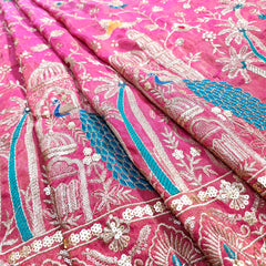 Embroidered Dual Tone Pink Shimmer Tissue with Peacock Motifs