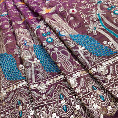 Embroidered Dual Tone Wine Shimmer Tissue with Peacock Motifs