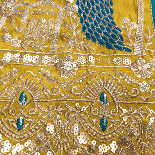 Embroidered Dual Tone Yellow Shimmer Tissue with Peacock Motifs