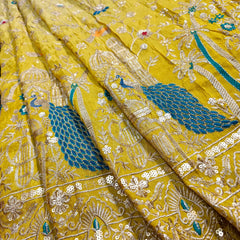 Embroidered Dual Tone Yellow Shimmer Tissue with Peacock Motifs