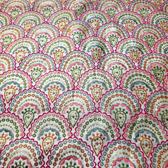 Multicolor Embroidered Zari, & Sequin Work Raw Silk Fabric with Scallop Pattern