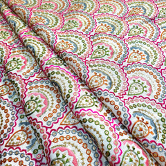 Multicolor Embroidered Zari, & Sequin Work Raw Silk Fabric with Scallop Pattern