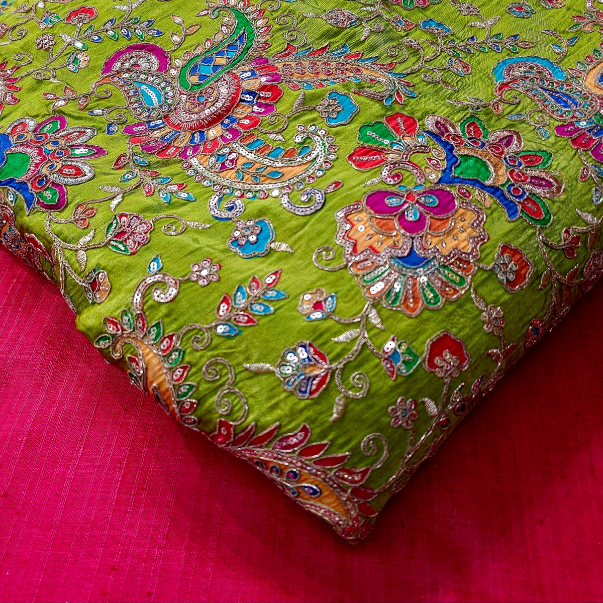 Lime Green Crepe Base Fabric with Multicolor Embroidery & Zari, Sequin work