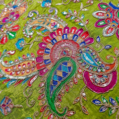 Lime Green Crepe Base Fabric with Multicolor Embroidery & Zari, Sequin work