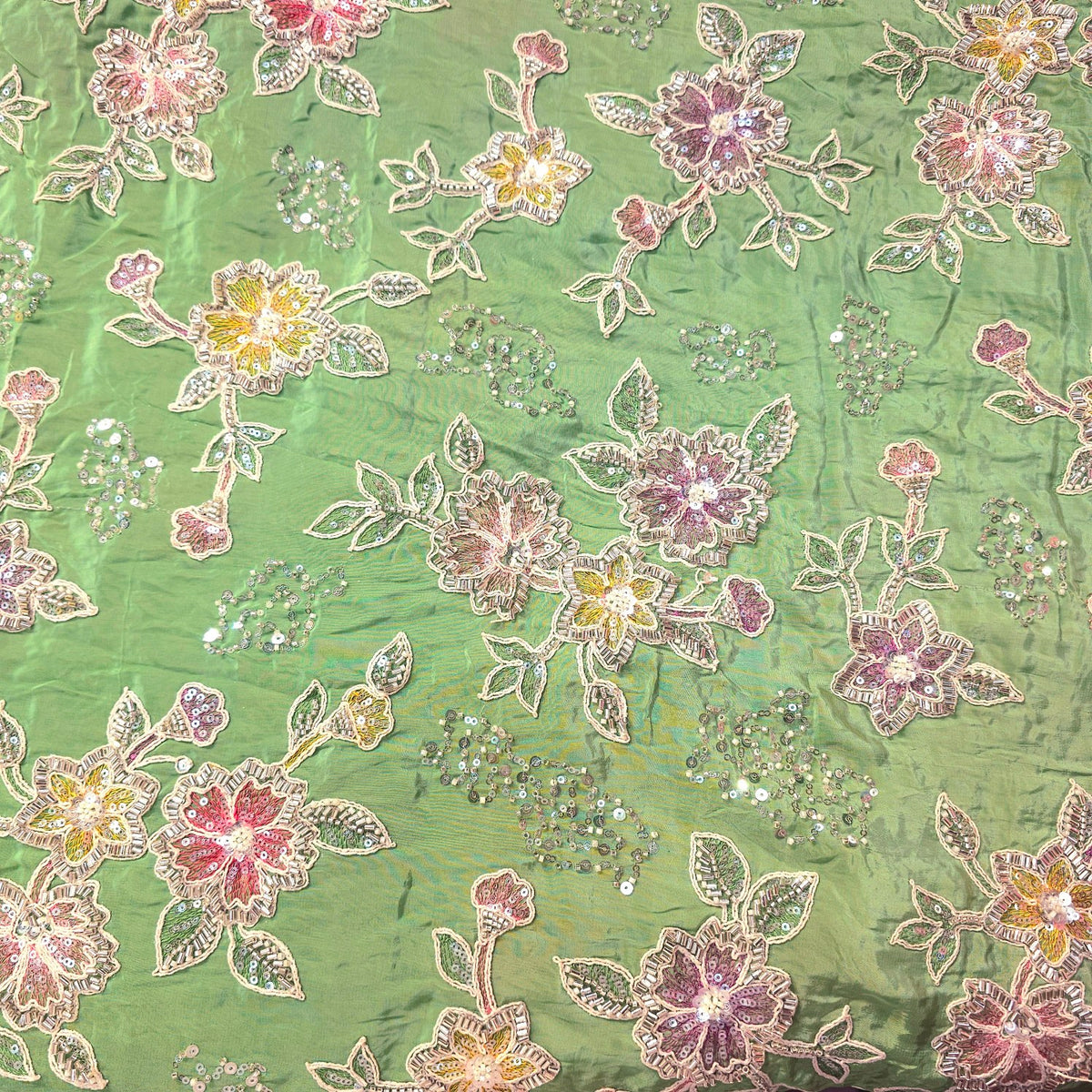 Pastel Green Crepe Base Fabric with Multicolor Floral Embroidery & Zari, Sequin work