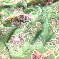 Pastel Green Crepe Base Fabric with Multicolor Floral Embroidery & Zari, Sequin work