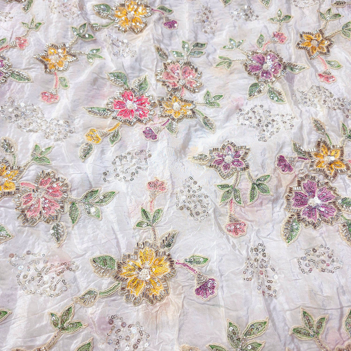 White Crepe Base Fabric with Multicolor Floral Embroidery & Zari, Sequin work