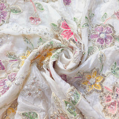 White Crepe Base Fabric with Multicolor Floral Embroidery & Zari, Sequin work