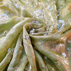 Mirha Hand Embroidered Grayish Olive Organza Shimmer Tissue with intricate Floral Sequin Embroidery