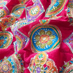 Bright Pink Crepe Base Fabric with Multicolor Geometric Embroidery & Zari, Sequin work