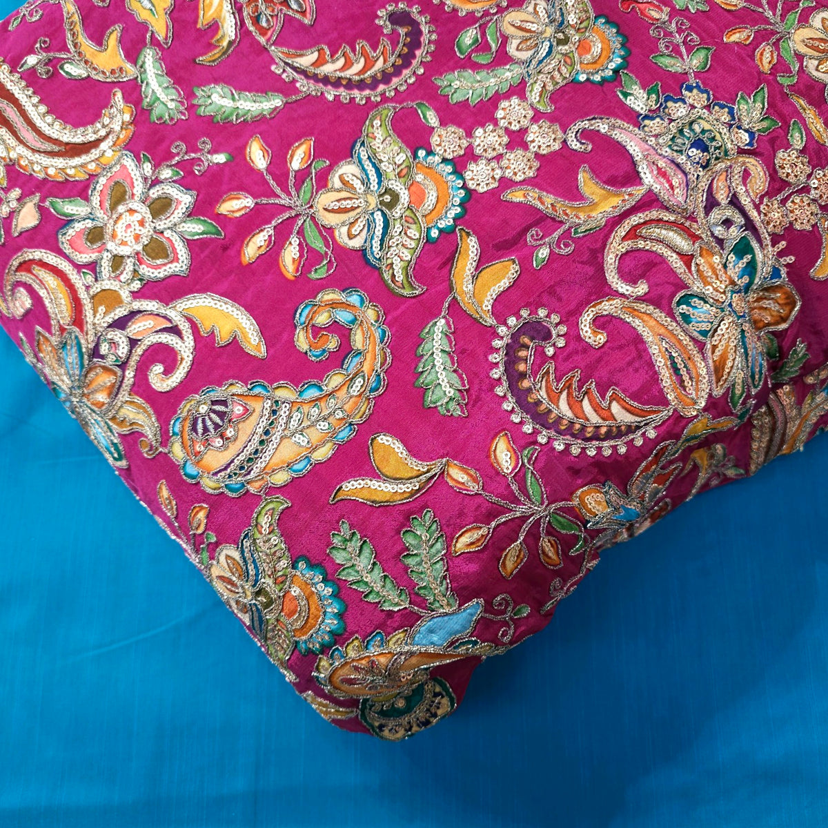 Bright Pink Crepe Base Fabric with Multicolor Embroidery & Zari, Sequin work