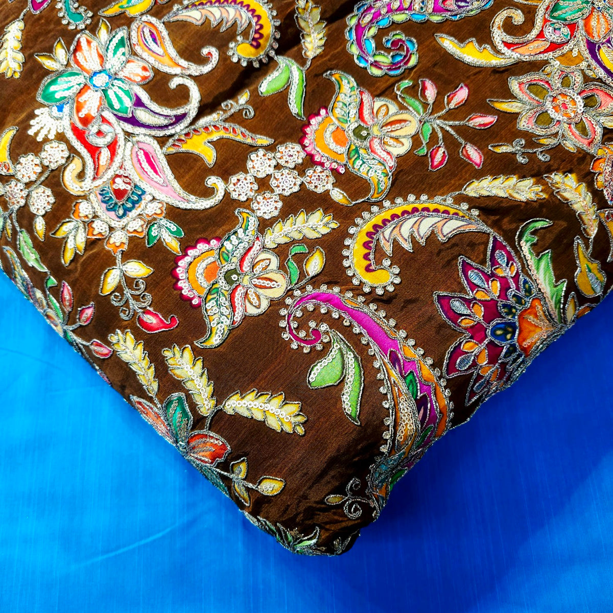 Walnut Brown Crepe Base Fabric with Multicolor Embroidery & Zari, Sequin work