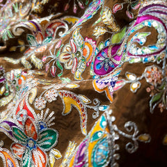 Walnut Brown Crepe Base Fabric with Multicolor Embroidery & Zari, Sequin work
