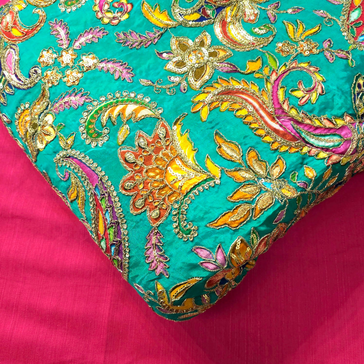 Turquoise Crepe Base Fabric with Multicolor Embroidery & Zari, Sequin work