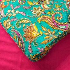 Turquoise Crepe Base Fabric with Multicolor Embroidery & Zari, Sequin work
