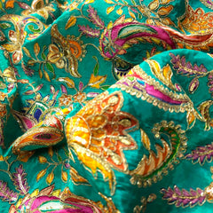 Turquoise Crepe Base Fabric with Multicolor Embroidery & Zari, Sequin work