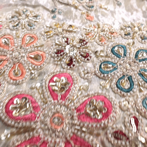 Hand Embroidered Dyeable Shimmer Tissue with Cutdana Beads & Floral Border Work