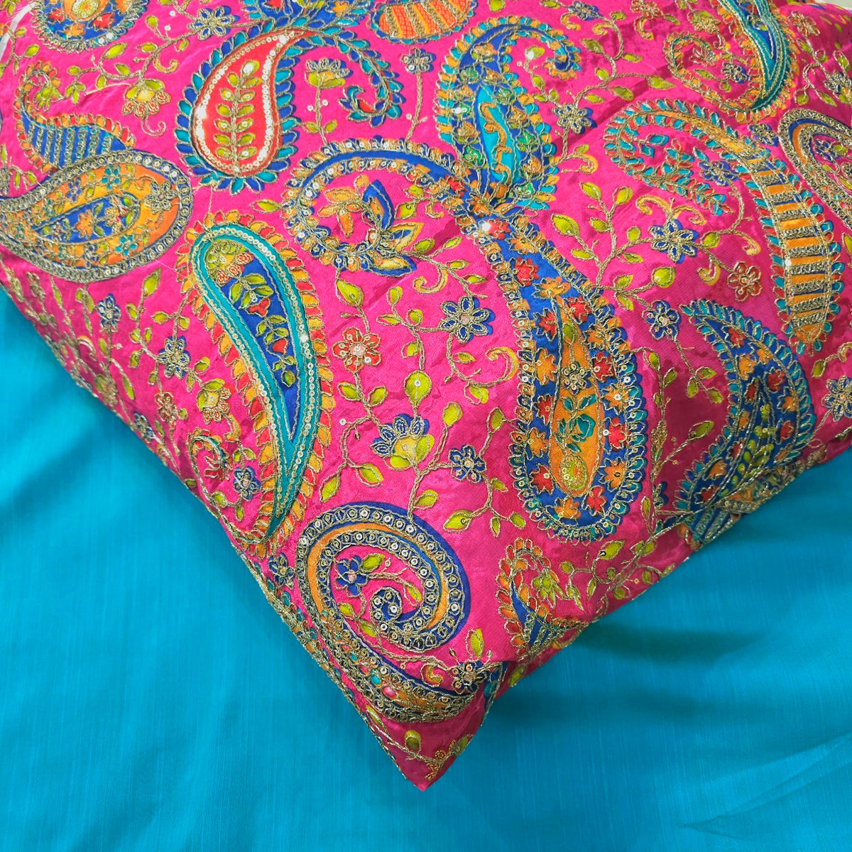 Pink Crepe Base Fabric with Multicolor Paisley Embroidery & Zari, Sequin work