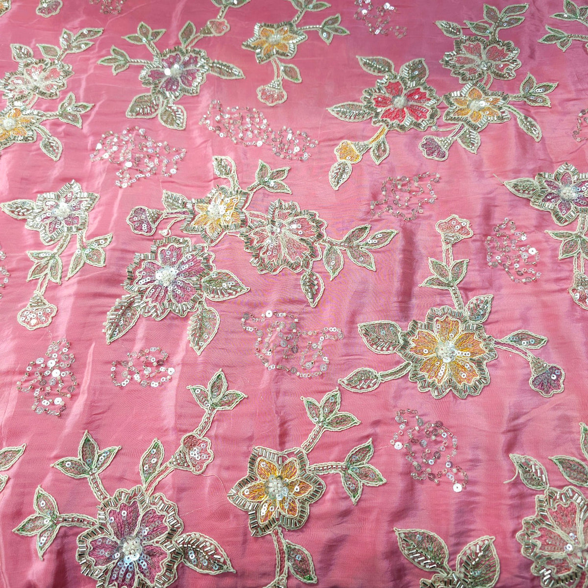 Pastel Pink Crepe Base Fabric with Multicolor Floral Embroidery & Zari, Sequin work