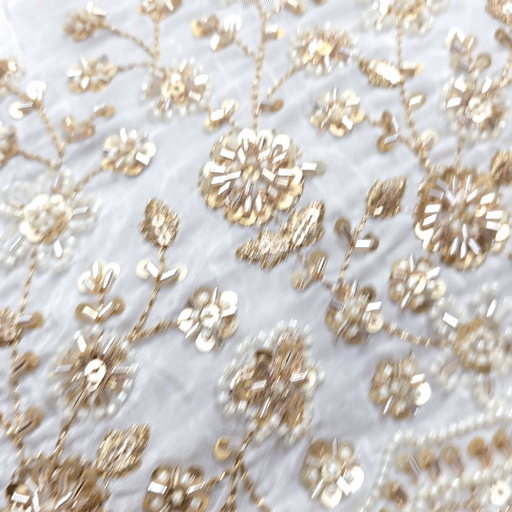 DYEABLE White Crepe Base Fabric with Golden Floral Zari, Cutdana, Sequin work with Border