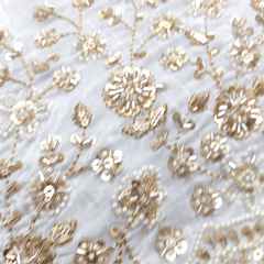 DYEABLE White Crepe Base Fabric with Golden Floral Zari, Cutdana, Sequin work with Border