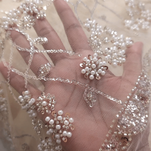Biege Embroidered Net Fabric with Sequins and Beads
