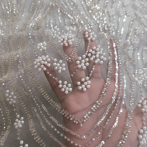 Ice Grey Embroidered Net Fabric with Sequins and Beads