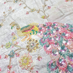 DYEABLE Crepe Fabric with Multicolor Peacock Cutdana, Sequin work with Border