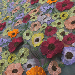 Multicolor Floral Applique Work on Green Net Fabric