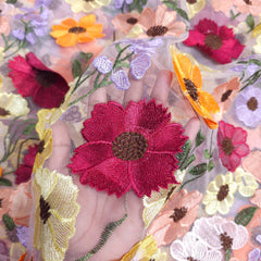 Multicolor Floral Applique Work on Beige Net Fabric