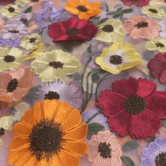 Multicolor Floral Applique Work on Beige Net Fabric