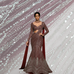 Maroon Embroidered Net Fabric with Sequins and Beads