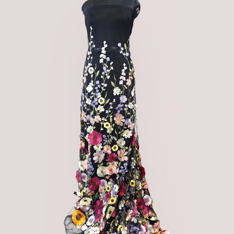 Multicolor Floral Applique Work on Black Net Fabric