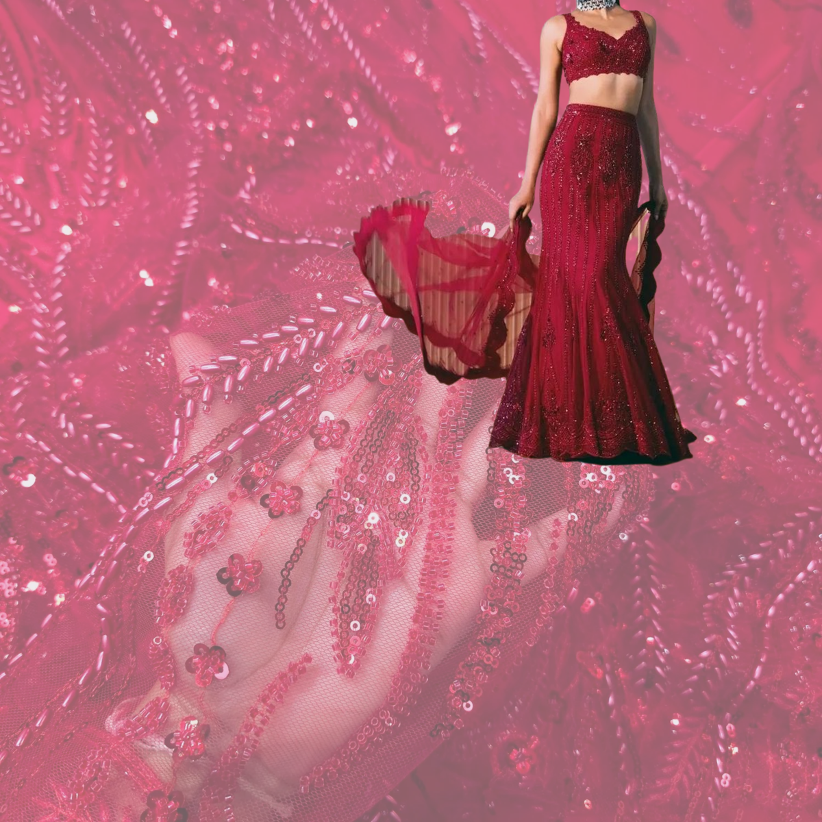 Red Embroidered on Red Net Fabric with Cutdana, Pearl & Sequin Work