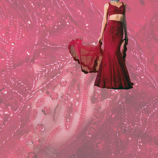 Red Embroidered on Red Net Fabric with Cutdana, Pearl & Sequin Work 2992