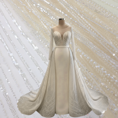 Ivory Gold Embroidered Net Fabric with Sequins and Beads