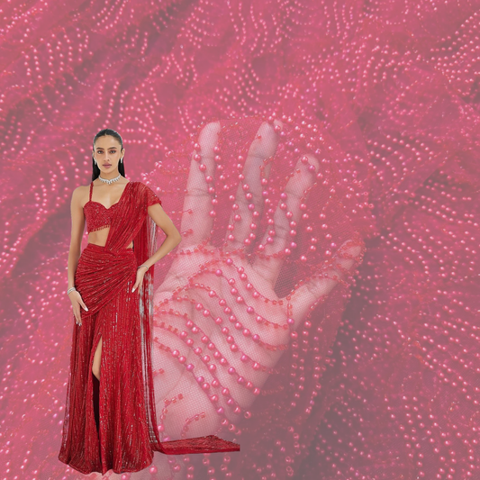 Red Embroidered on Red Net Fabric with Pearl work 2992